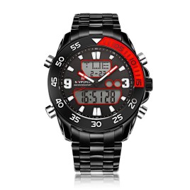 NAVIFORCE NF9047 Men Army Military Watch Quartz Clock LED Digital Full Steel Sports EL Blue Function Wrist Watch - Black + Red