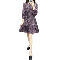New Fashion Women Dress Floral Print Round Neck Long Sleeve Self-Tie Ruffle Hem Casual Dress Purple