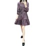 New Fashion Women Dress Floral Print Round Neck Long Sleeve Self-Tie Ruffle Hem Casual Dress Purple