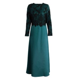 New Women Muslim Long Dress Lace Crochet Maxi Dress Long Sleeve Splicing Zipper Gown Elegant Swing Dress Khaki/Dark Green/Purple