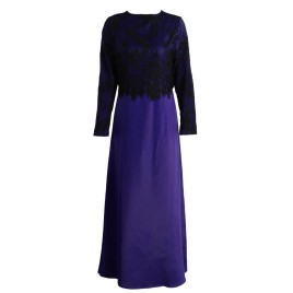 New Women Muslim Long Dress Lace Crochet Maxi Dress Long Sleeve Splicing Zipper Gown Elegant Swing Dress Khaki/Dark Green/Purple
