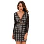 New Women Sexy Dress Plaid Pattern Cut Out V Neck Sheer Long Sleeve Bodycon Party Clubwear Black/White
