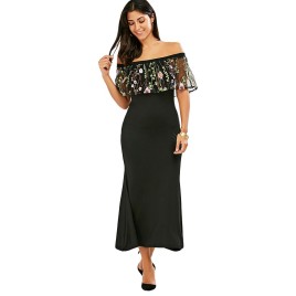 Off Shoulder Flounce Embroidered Mermaid Maxi Dress