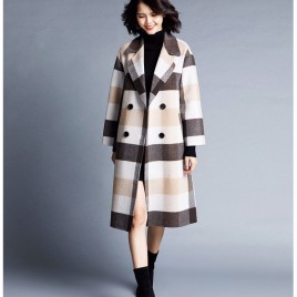 Plaid Pattern Double-faced Coat Female Long Double-breasted Jacket Woolen Coat