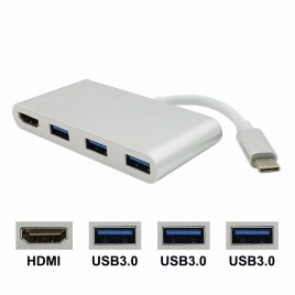 Portable Multi-Port 4 in 1 USB 3.1 Type-C to 4K / 2K @ 30Hz HDMI + 3 * 0.9A / 5Gbps USB 3.0 Ports Aluminum Alloy Type-C Adapter HUB for Display TV Mouse Keyboard
