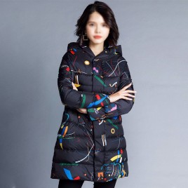 Printing Hooded Down Jacket Coat Female Costume Thicken Long Slim with Large Size  