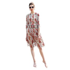 Round Collar 3/4 Sleeve Mesh Floral Embroidery Women Dress