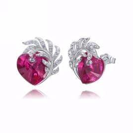 S925 Serling Silver Red Heart-shaped Swarovski Crystal Stud Earrings Wedding Party 