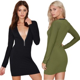 Sexy Deep V Neck Zipper Front Long Sleeve Ribbed Bodycon Sweater Dress