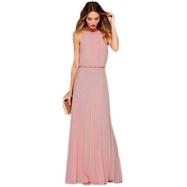 Sexy Halter Off-the-shoulder Elastic Waist Pleated Pure Color Floor-length Dress