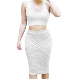 Sexy Scoop Collar Sleeveless Tank Top + High Waist Two Piece Bodycon Bandage Dress for Women