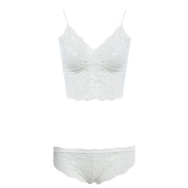 Sexy V-neck Suspender Perspective Lace Patchwork Bra + Low Elastic Waist Briefs Hollow Out Solid Color Twinset for Women