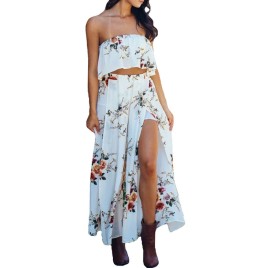 Sexy Women Two-piece Set Strapless Crop Top Wide Leg Pants Floral Striped Print Split Beach Boho Suits Outfits White/Red/Blue