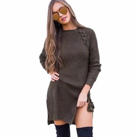 Sideband Long-sleeved Sexy Wool Dress Winter Spring Fashion Skirt