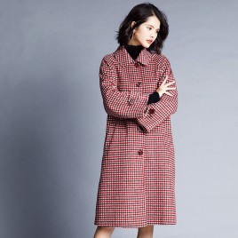 Solid Color Large Size Double-faced Coat Female Long Double-breasted Houndstooth Jacket Woolen Overcoat