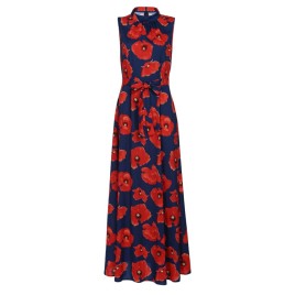 Stand Collar Sleeveless Floral Print Belted Women Maxi Dress