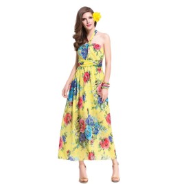 Summer Women Chiffon Dress Halter Floral Print Tie Waist Long Boho Beach Sundress Yellow