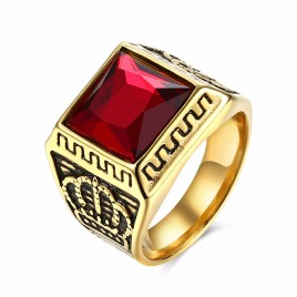 Titanium Steel Series European and American Personality Crown Red or Black Stone Male Ring