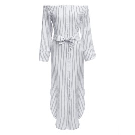 Trendy Off The Shoulder Single-breasted Striped Slit Dress for Women