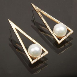 Trendy Pearl Triangle Style Ear Drop Ear Pendants Earrings Jewelry with Rhinestone Decor