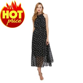 Trendy Sleeveless Round Collar Dot Print Chiffon Women Dress