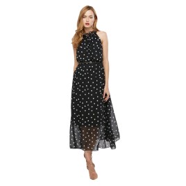 Trendy Sleeveless Round Collar Dot Print Chiffon Women Dress
