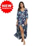 Vintage Style Plunging Neck Button Design Allover Print Dress for Ladies