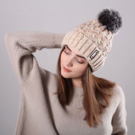 Winter Fashion Crimping Labeling New Style Knit Wool Plus Velvet Warm-keeping Women Hat with Hairball 