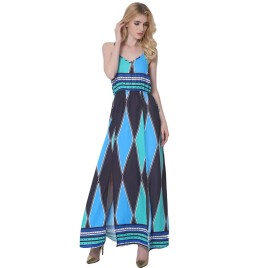 Women Cami Dress Colorblock Geometric Pattern Print V Neck Sleeveless Side Split Maxi Casual One-Piece Blue