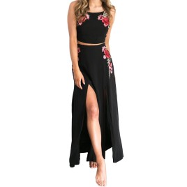 Women Embroidery Skirt Set Crop Top Slit Long Skirt Sleeveless Self-tie Open Back Casual Appliques Dress Black