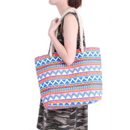 Women Ethnic Style Casual Geometric Plaid Print Twist String Canvas Shopping Travel School Shoulder Bag