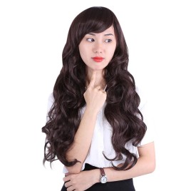 Women Natural Soft Heat Resistant Long Wavy Hair Wigs with Bangs Modified Face