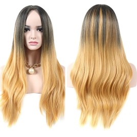 Women Ombre Long Curly Wavy Full Wigs Gradient Black Blonde Hair Cosplay Costume