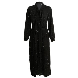 Women Pleated Dress Polka Dot Strap Bow Neck Long Lantern Sleeves Elastic Waist Plus Size Retro Casual Midi Dress Black