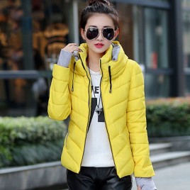 Women's Elegant Hooded Down Jacket Stand Collar Thickened Outerwear - Yellow/Blue/White/Ginger