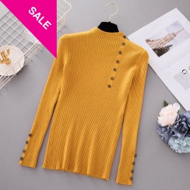Women's Stylsih Knitted Sweater Plain Pullover Top with Decorative Buttons on Sleeves