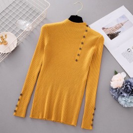 Women's Stylsih Knitted Sweater Plain Pullover Top with Decorative Buttons on Sleeves