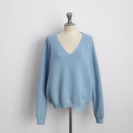 Women's V-ncek Knitted Sweater Plain Casual Loose Pullover Top for Autumn and Winter