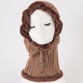 Women's Winter Plus Velvet Windproof Warm-Keeping Twist Wool Knitted One-Piece Bib Hat for Riding Skiing Outdoor Activities 
